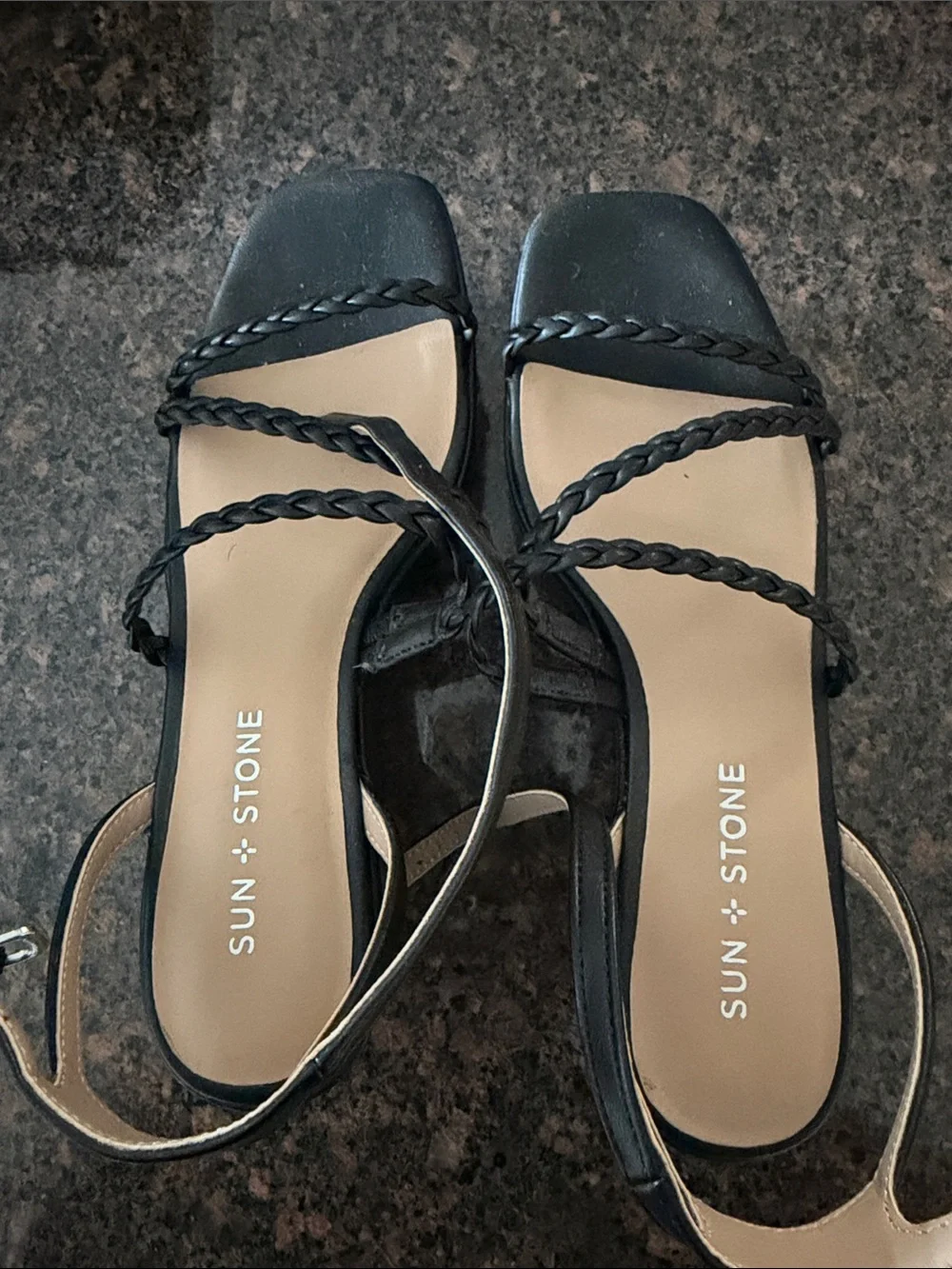 Sun + Stone Black Braided-Strap Square Toe Sandals